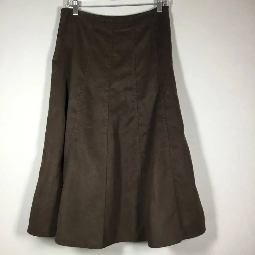 Brown faux vegan suede western prairie a line skirt satin liner size 6 waist 30”